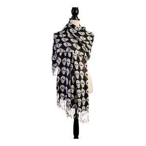 Skull‎ Print Black and White Wide Scarf With Tassel Ends